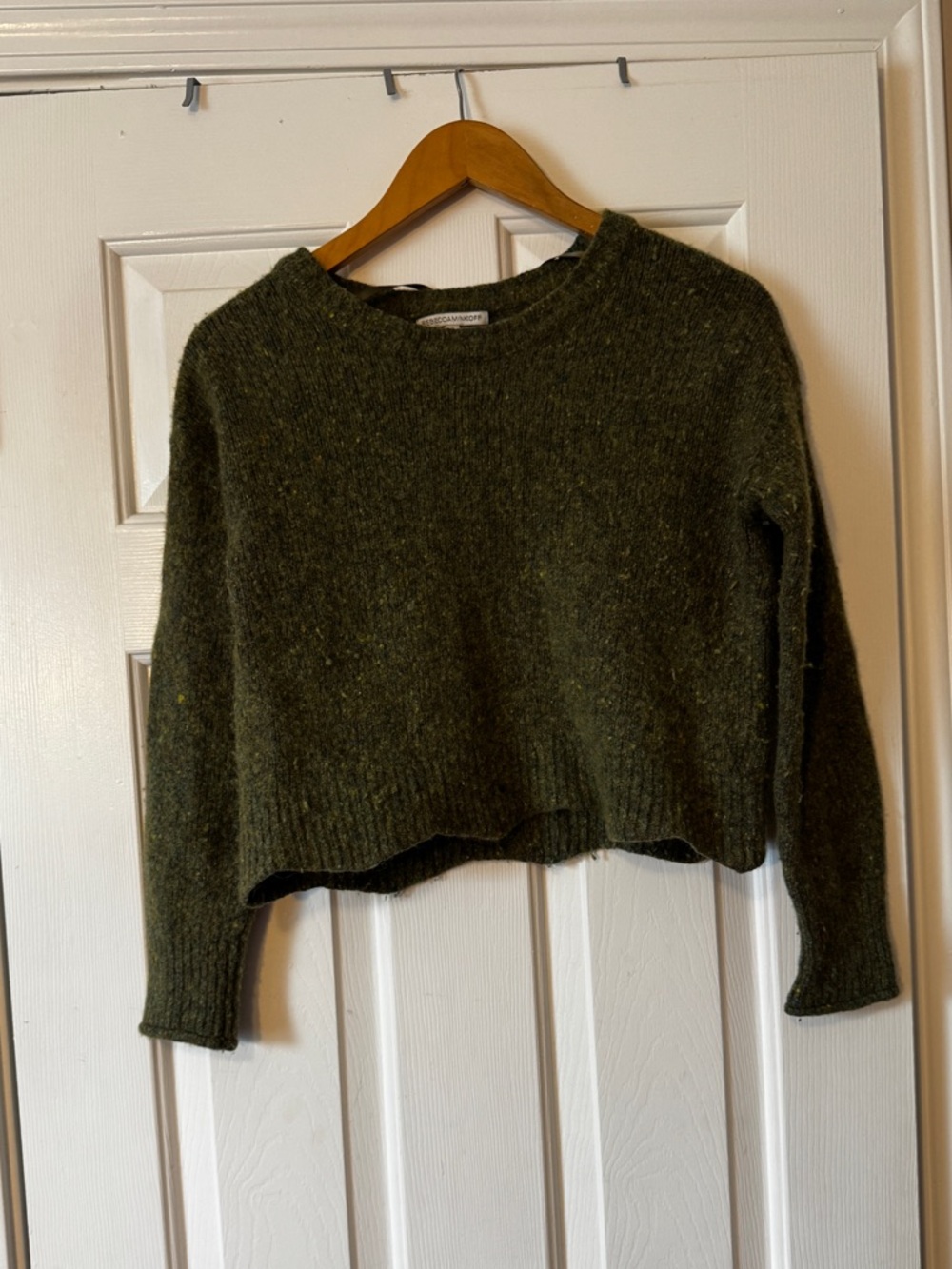 Rebecca Minkoff Olive Green Extrafine Merino Wool Blend Scalloped Hem Sweater